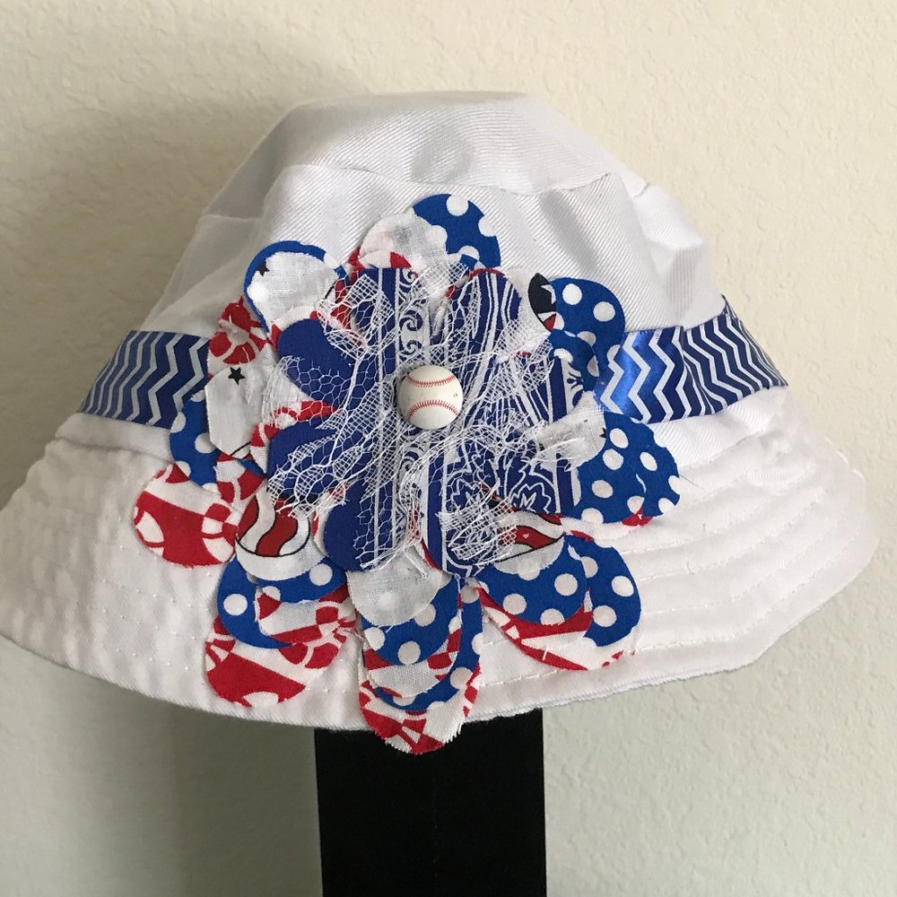 Todler's Hand-Decorated Baseball Themed White Bucket/Sun Hat